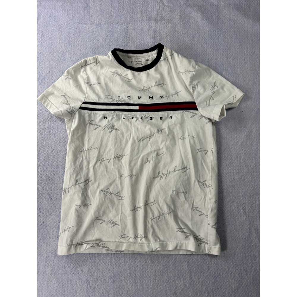 Tommy Hilfiger Mens XS Script Logo All Over Print T-Shirt White Chest Stripe